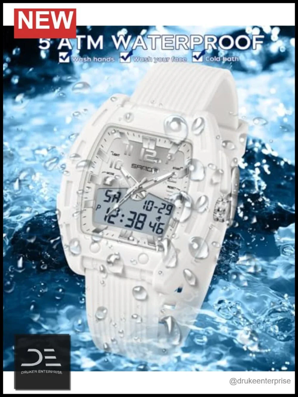 Unique Rectangle Digital Analog Sports Watch with Alarm Stopwatch Waterproof